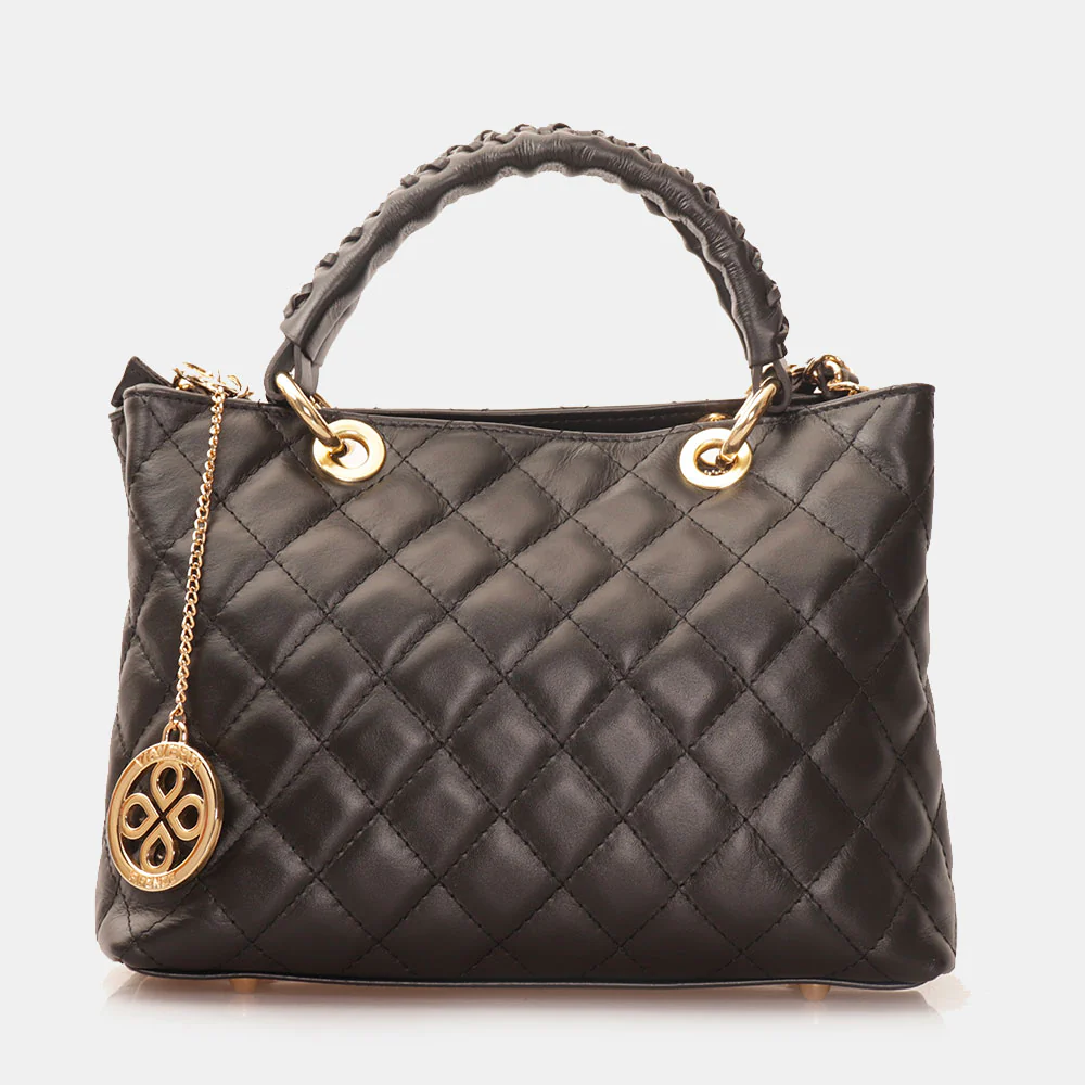 Borsa a Mano con Tracolla VIAVERDI in Pelle Nera Matelassè Made in Italy linea Saturnia