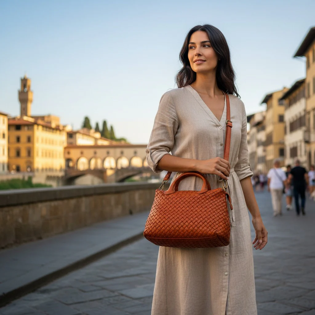 Borsa a Mano VIAVERDI in Pelle color Cuoio con Intreccio Made in Italy linea Tuscany - Image 8