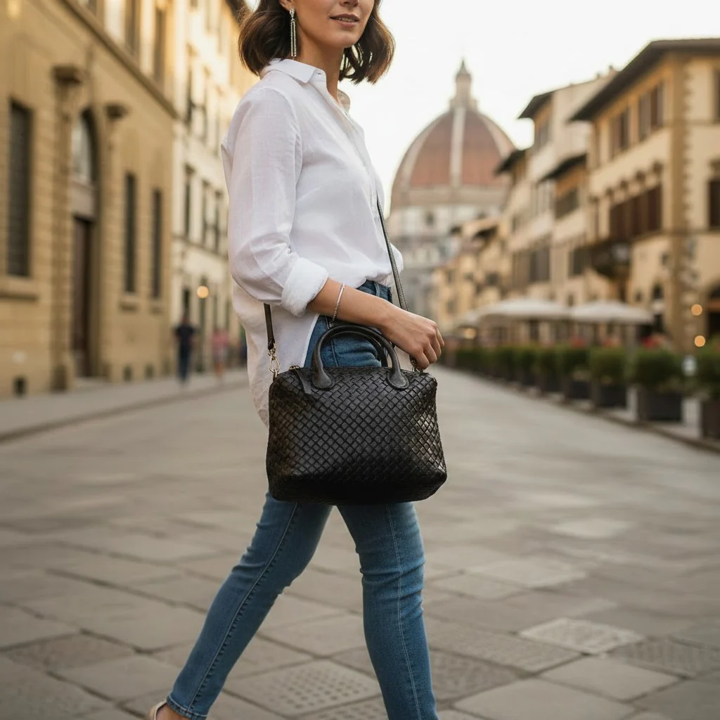 Borsa a Mano VIAVERDI in Pelle Nera con Intreccio Made in Italy linea Tuscany - Image 8