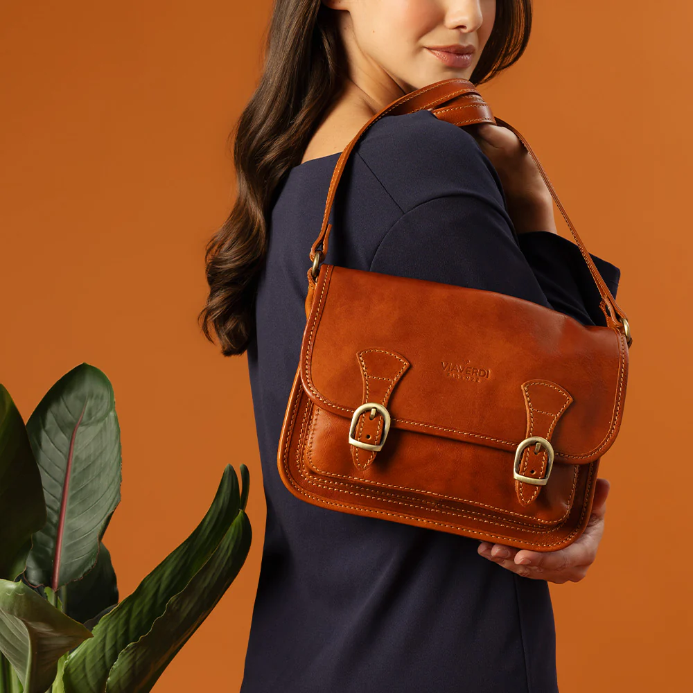 Borsa a Tracolla VIAVERDI in Pelle color color Cuoio Made in Italy linea Firenze - Image 6