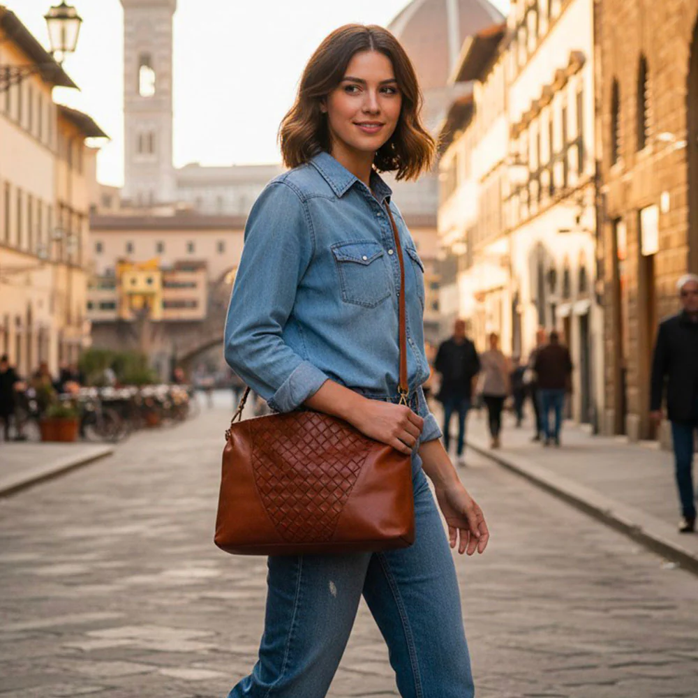 Borsa a Spalla VIAVERDI in Pelle Marrone con Intreccio Made in Italy linea Tuscany - Image 10