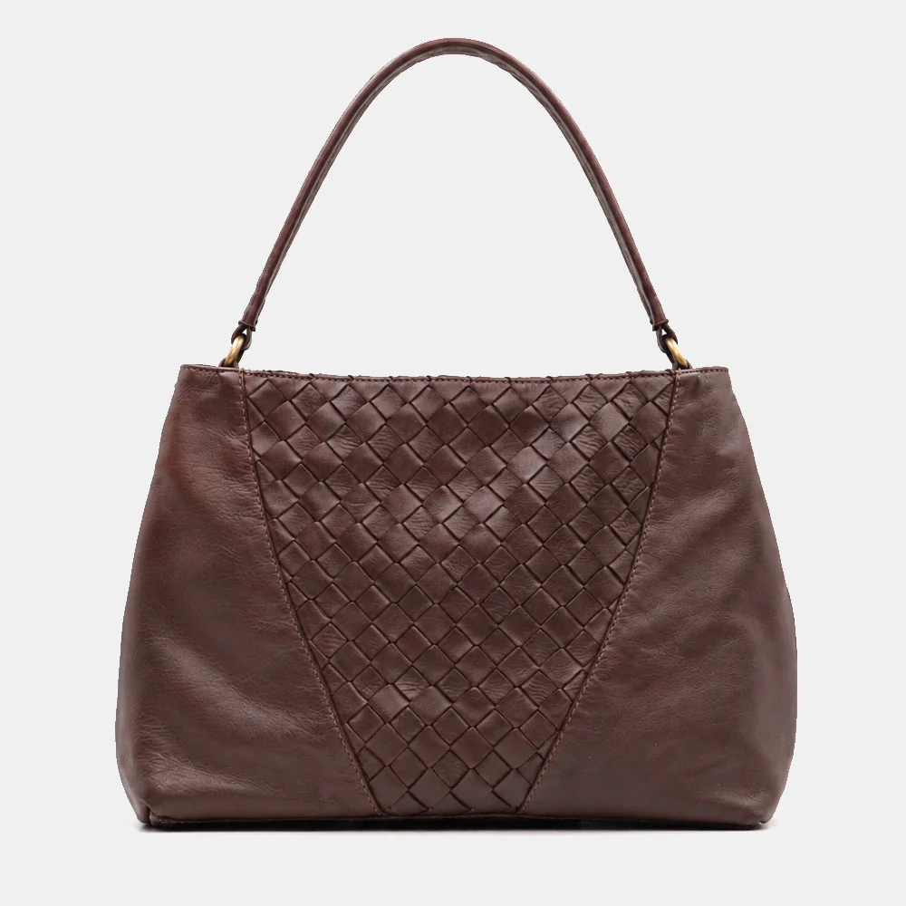 Borsa a Spalla VIAVERDI in Pelle Marrone Scuro con Intreccio Made in Italy linea Tuscany