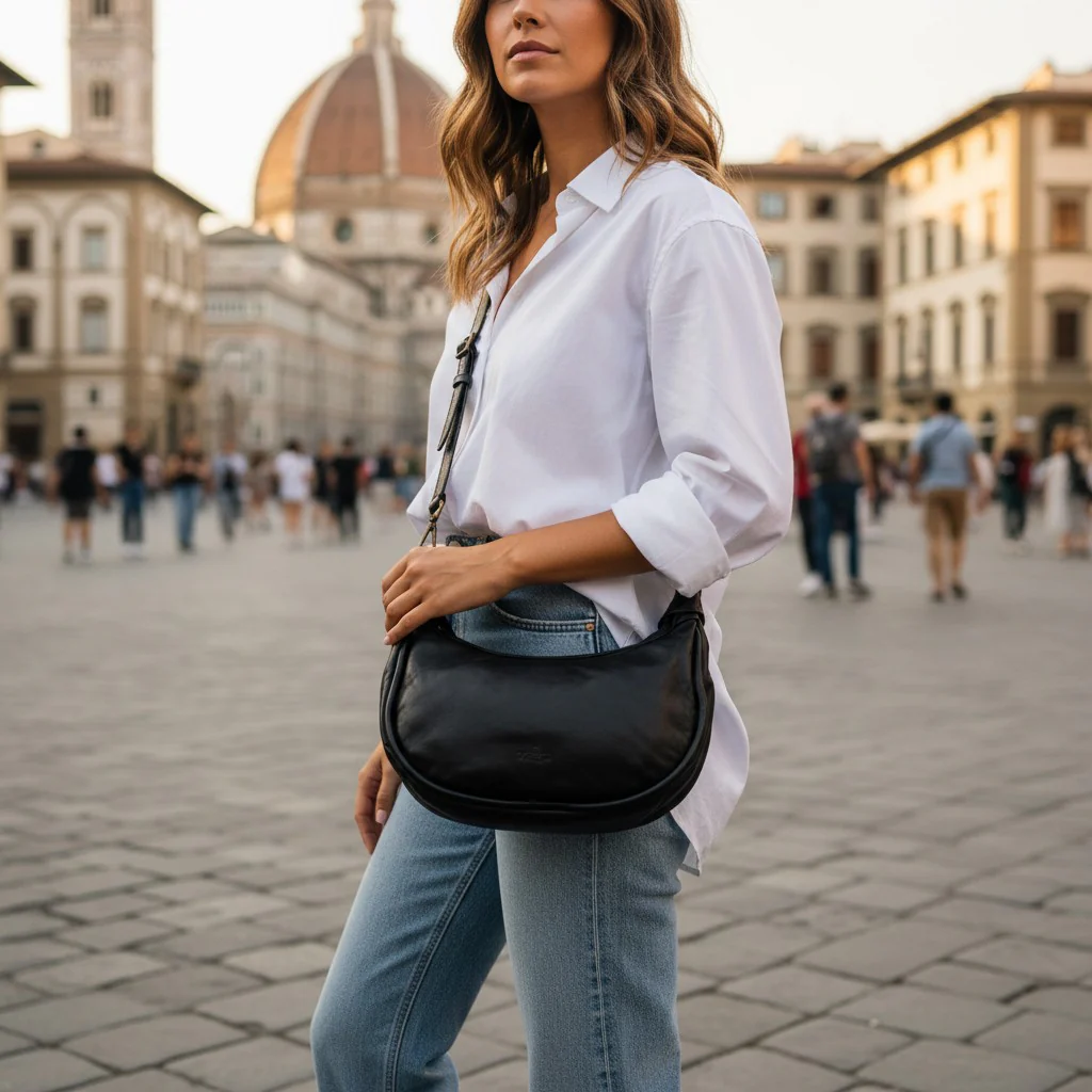 Borsa a Spalla VIAVERDI in Pelle Nera Made in Italy linea Tuscany - Image 7