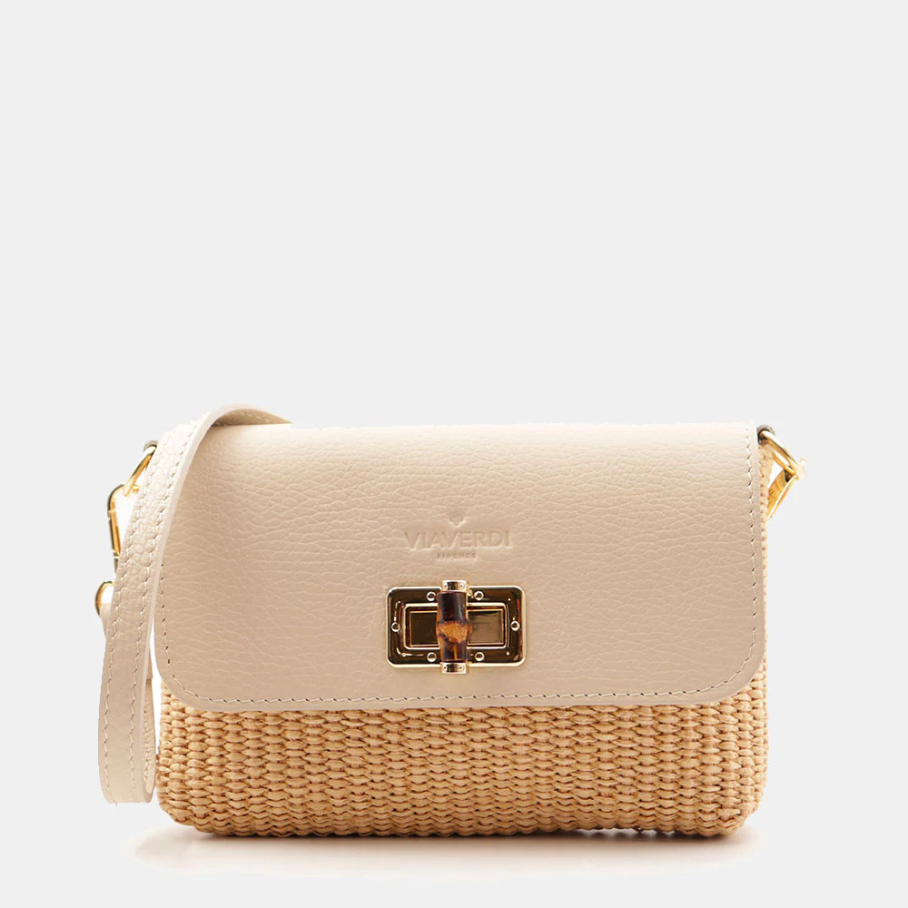 Borsa Clutch a Spalla VIAVERDI in Rafia e Pelle Avorio Made in Italy linea Volterra