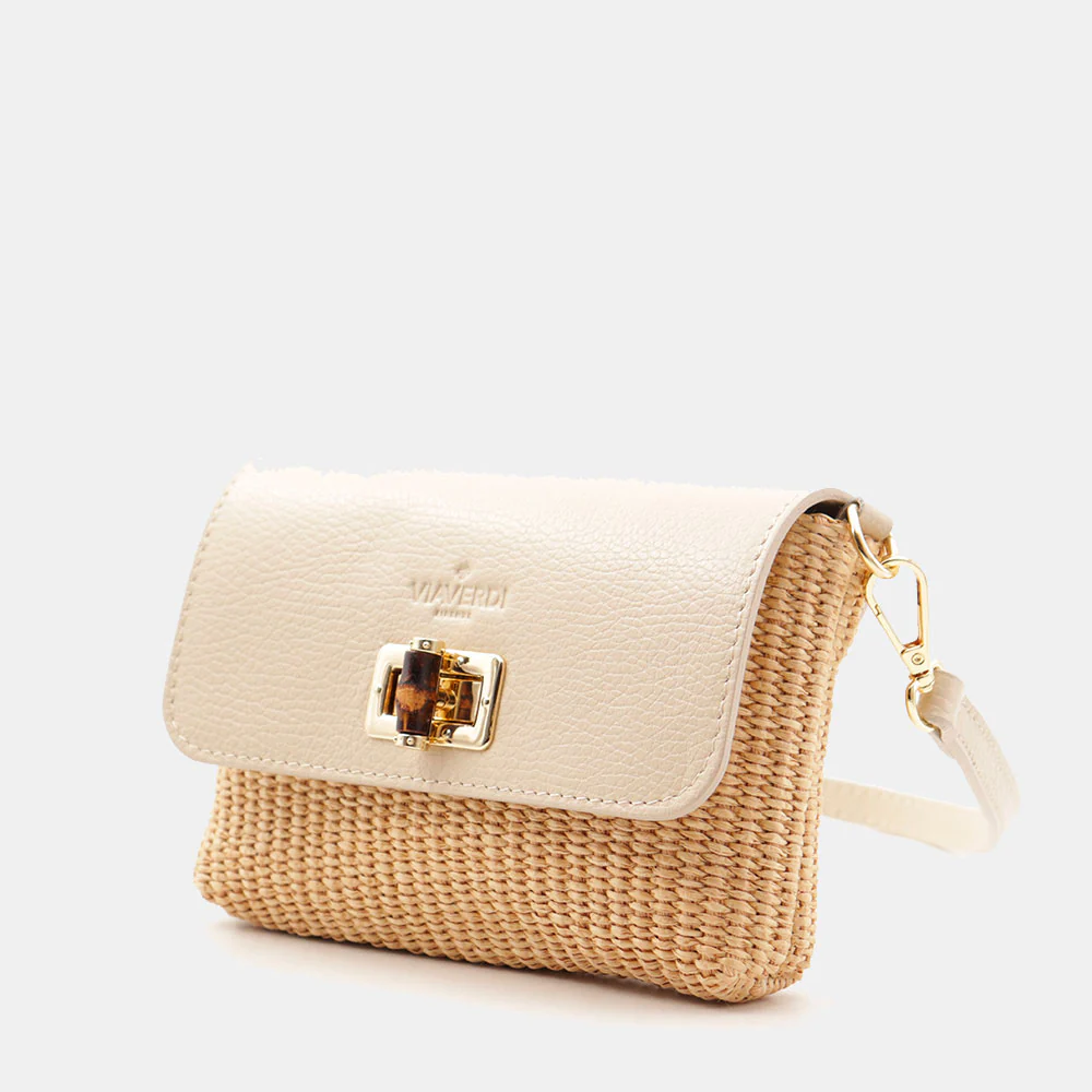 Borsa Clutch a Spalla VIAVERDI in Rafia e Pelle Avorio Made in Italy linea Volterra - Image 6