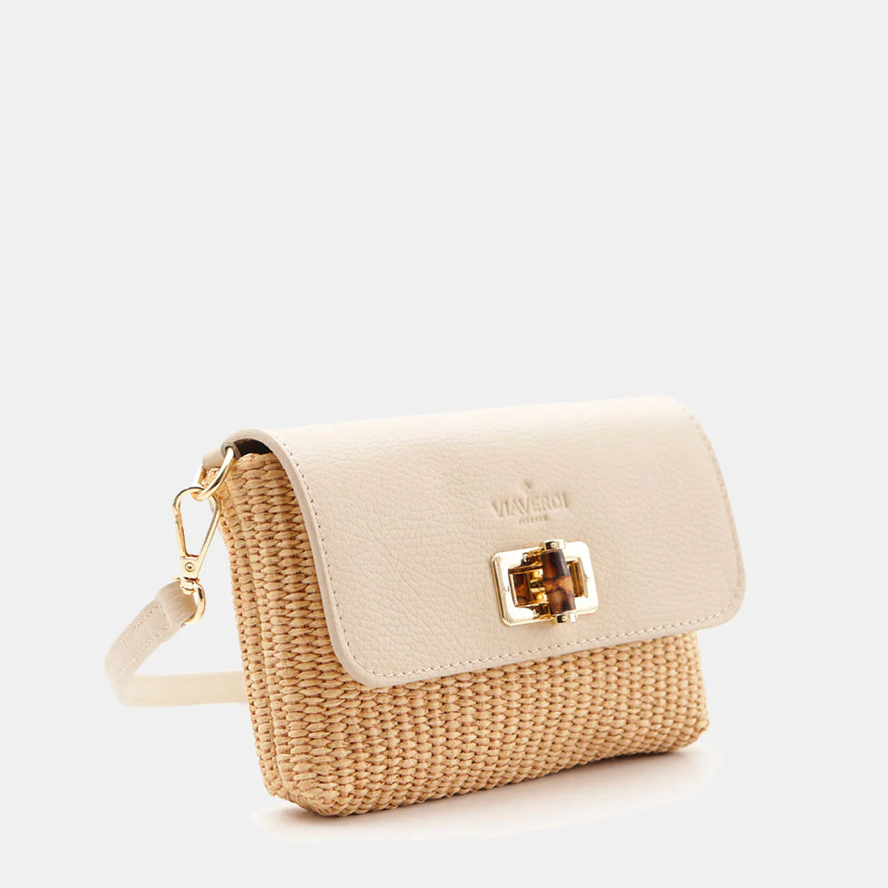 Borsa Clutch a Spalla VIAVERDI in Rafia e Pelle Avorio Made in Italy linea Volterra - Image 7