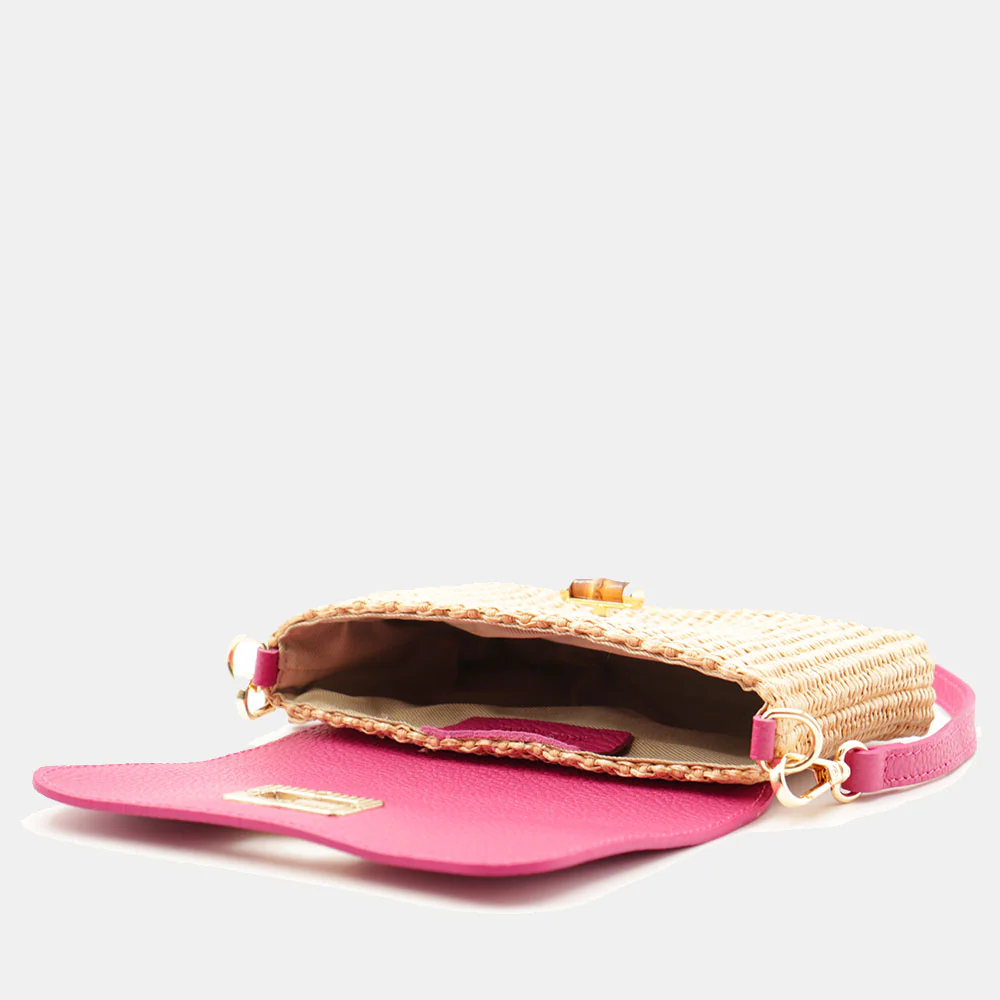 Borsa Clutch a Spalla VIAVERDI in Rafia e Pelle Fucsia Made in Italy linea Volterra - Image 3