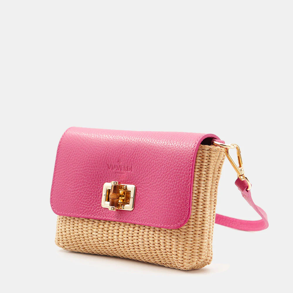 Borsa Clutch a Spalla VIAVERDI in Rafia e Pelle Fucsia Made in Italy linea Volterra - Image 5