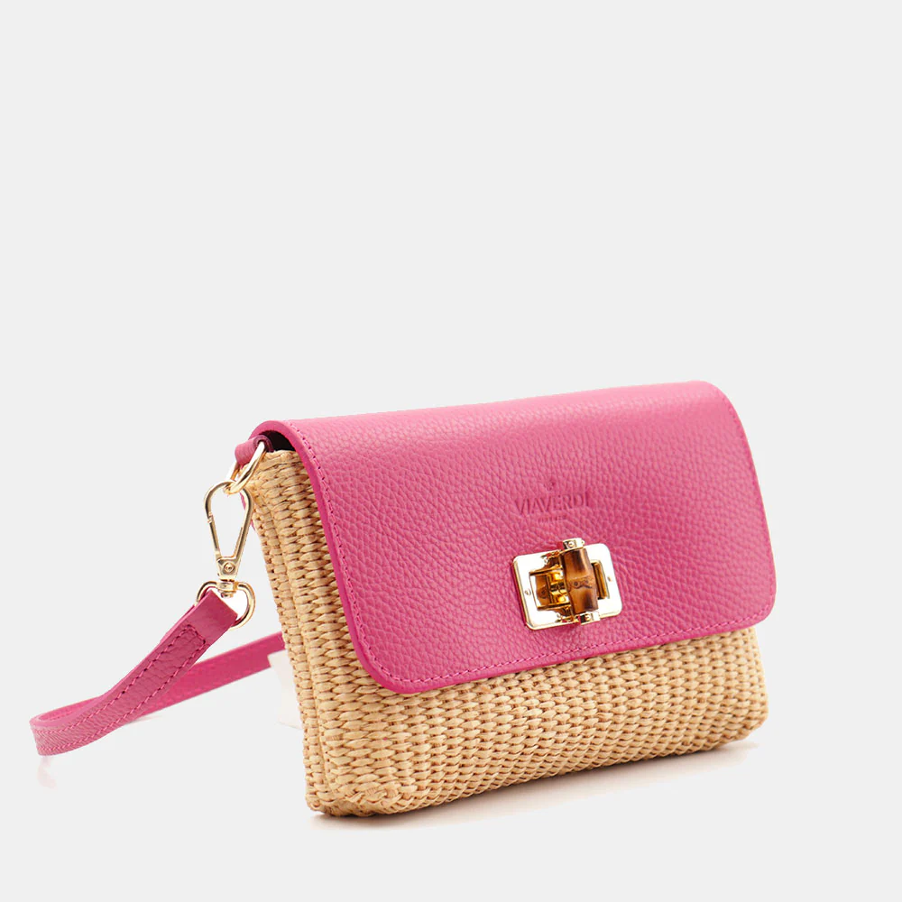 Borsa Clutch a Spalla VIAVERDI in Rafia e Pelle Fucsia Made in Italy linea Volterra - Image 6