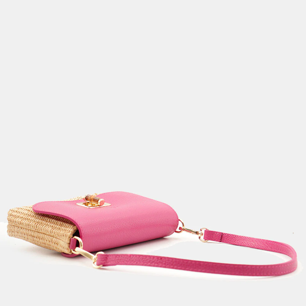 Borsa Clutch a Spalla VIAVERDI in Rafia e Pelle Fucsia Made in Italy linea Volterra - Image 8