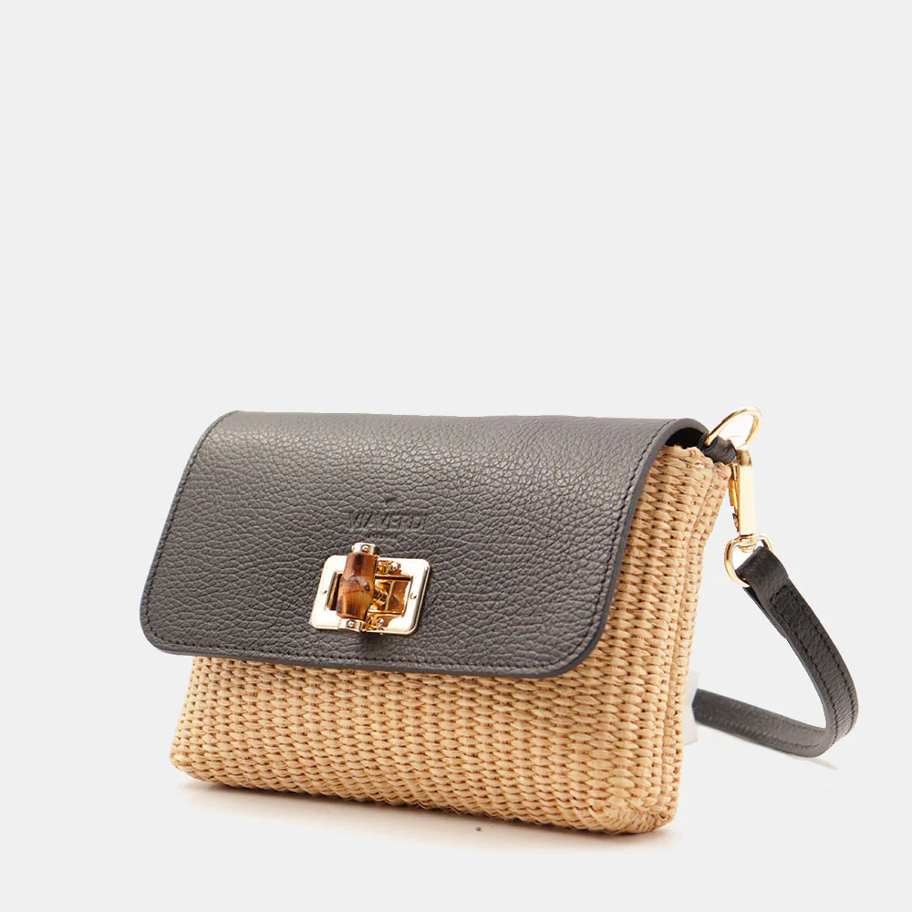 Borsa Clutch a Spalla VIAVERDI in Rafia e Pelle Nera Made in Italy linea Volterra - Image 3