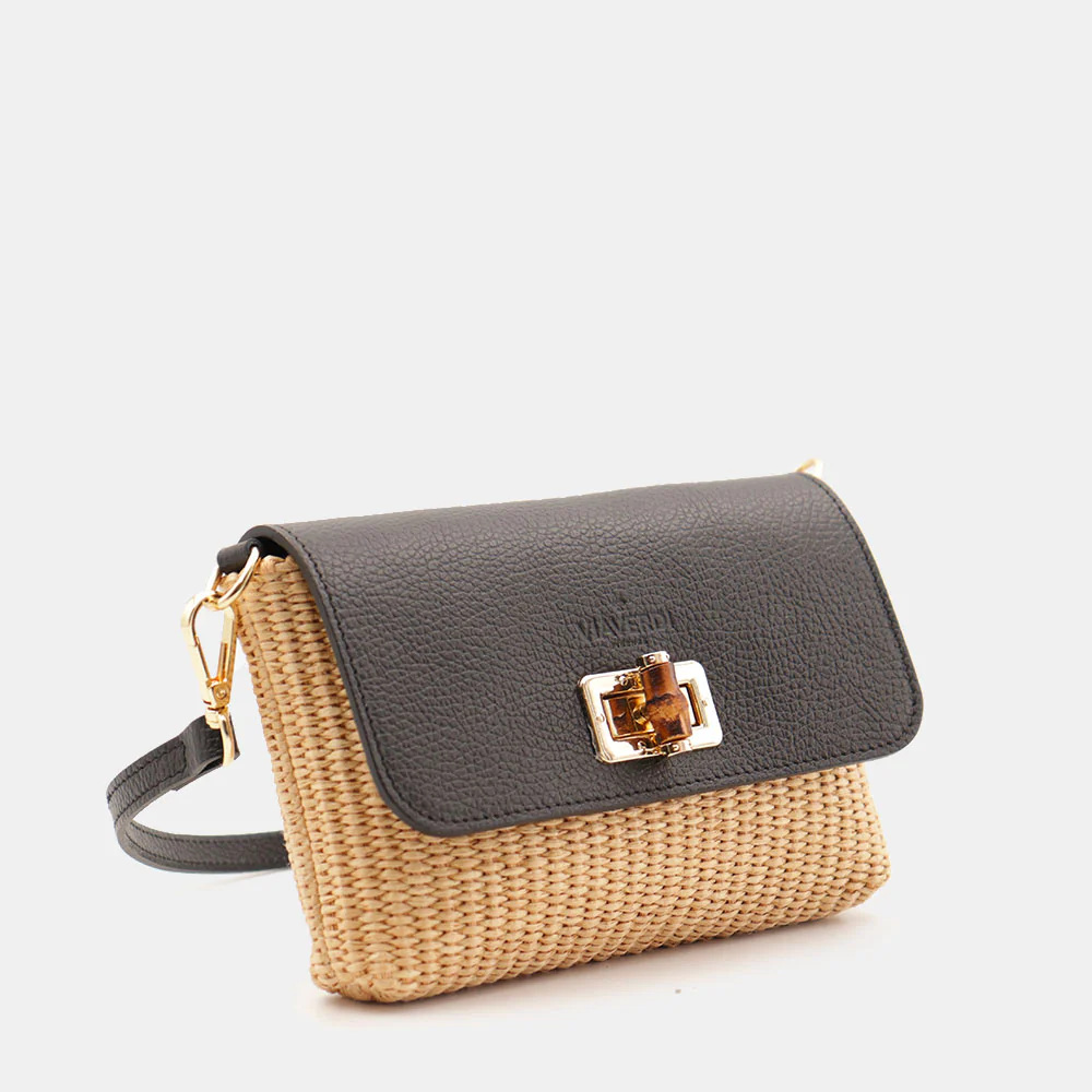 Borsa Clutch a Spalla VIAVERDI in Rafia e Pelle Nera Made in Italy linea Volterra - Image 4