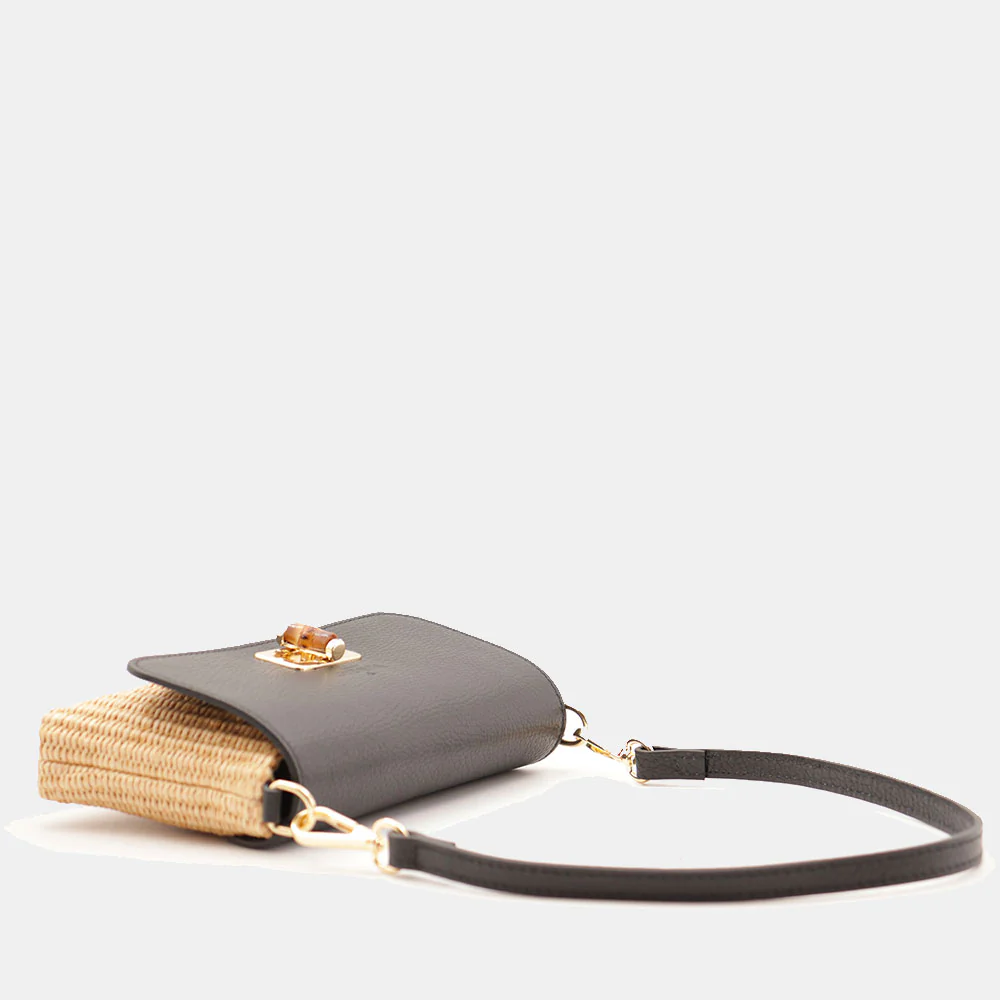 Borsa Clutch a Spalla VIAVERDI in Rafia e Pelle Nera Made in Italy linea Volterra - Image 5