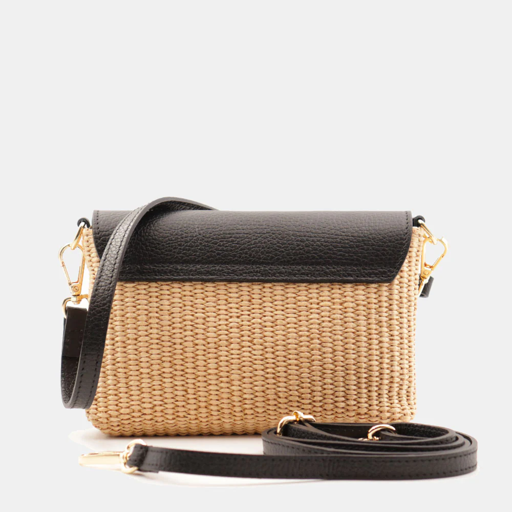 Borsa Clutch a Spalla VIAVERDI in Rafia e Pelle Nera Made in Italy linea Volterra - Image 6