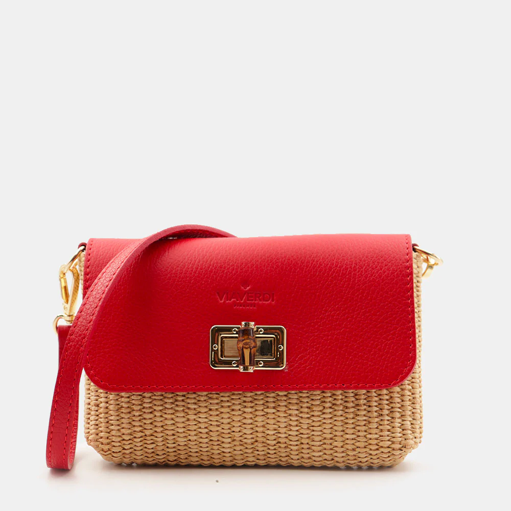 Borsa Clutch a Spalla VIAVERDI in Rafia e Pelle Rossa Made in Italy linea Volterra