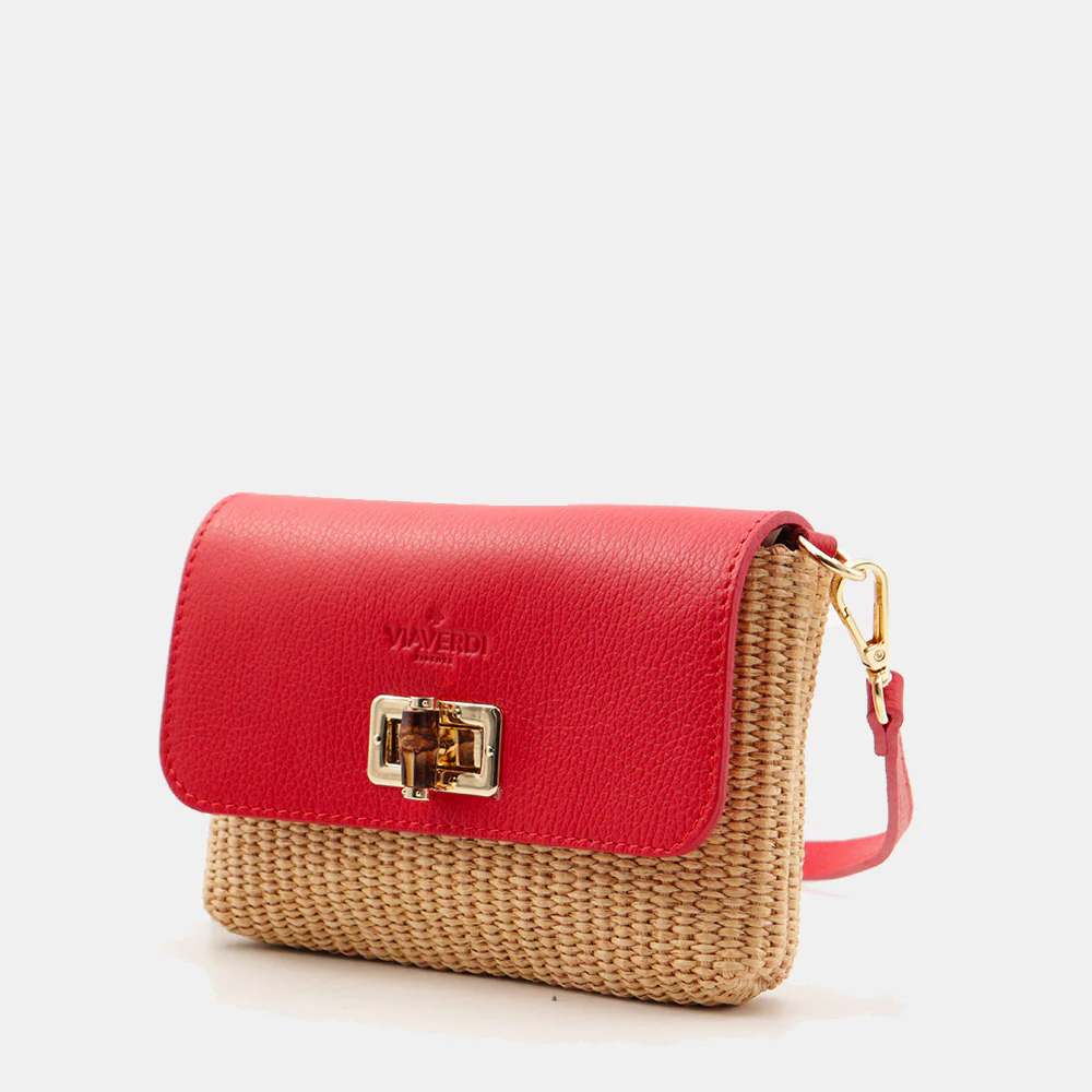 Borsa Clutch a Spalla VIAVERDI in Rafia e Pelle Rossa Made in Italy linea Volterra - Image 3