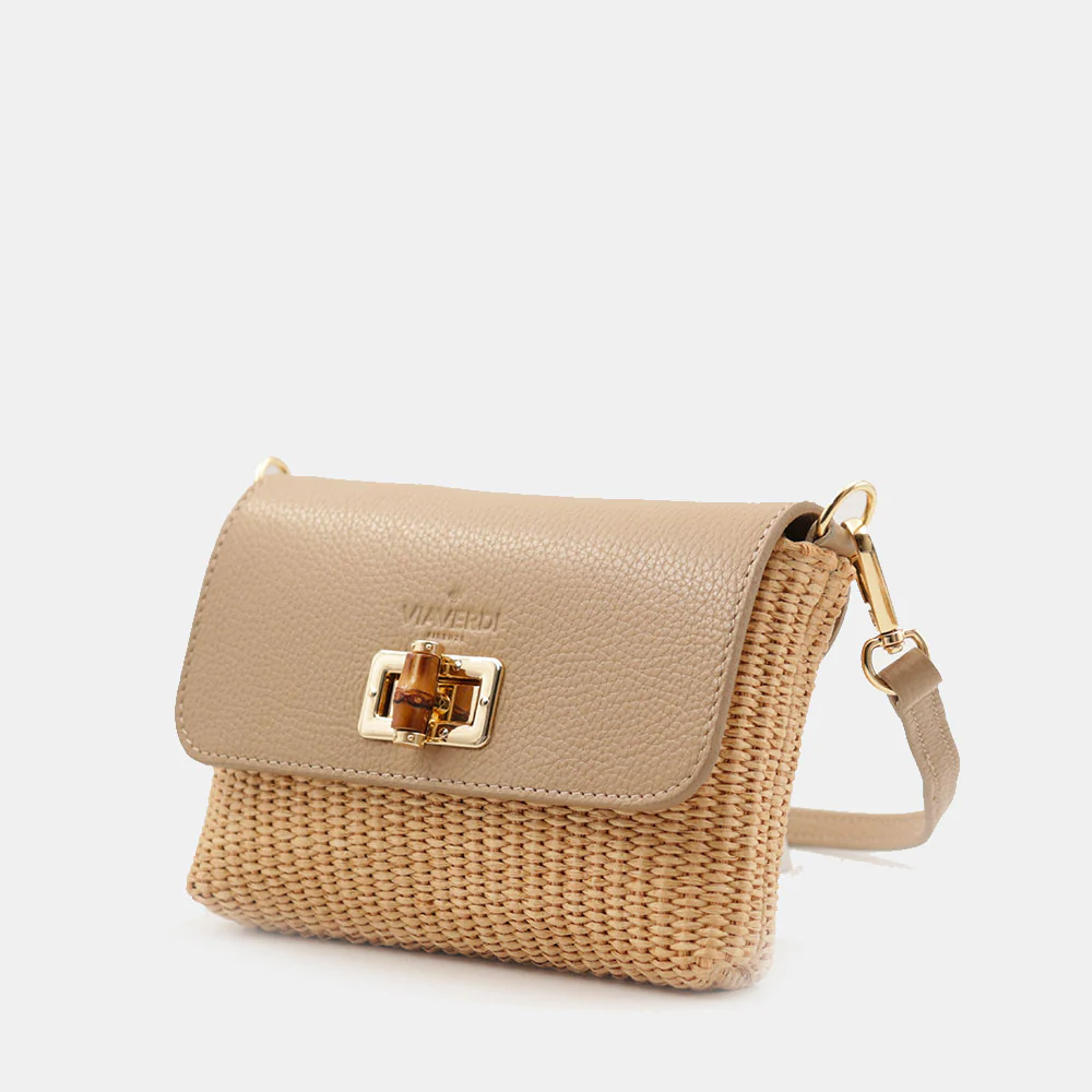 Borsa Clutch a Spalla VIAVERDI in Rafia e Pelle Taupe Made in Italy linea Volterra - Image 5