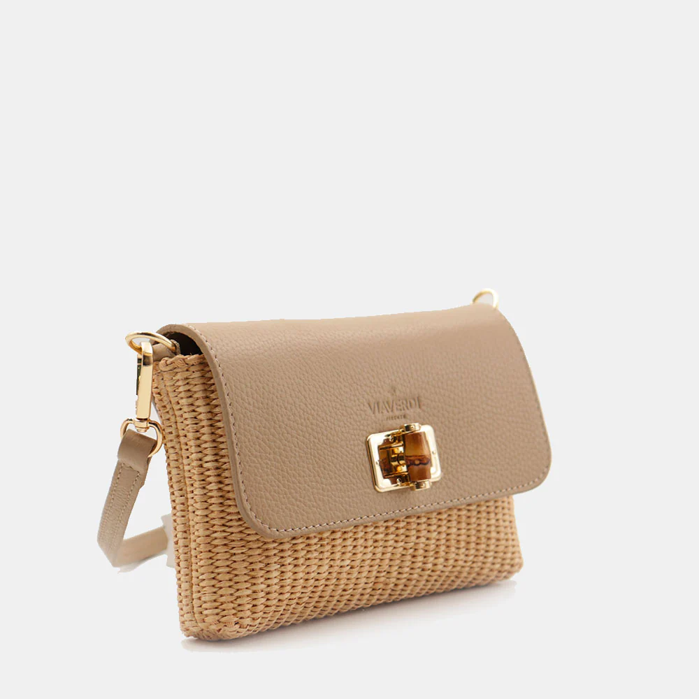 Borsa Clutch a Spalla VIAVERDI in Rafia e Pelle Taupe Made in Italy linea Volterra - Image 6