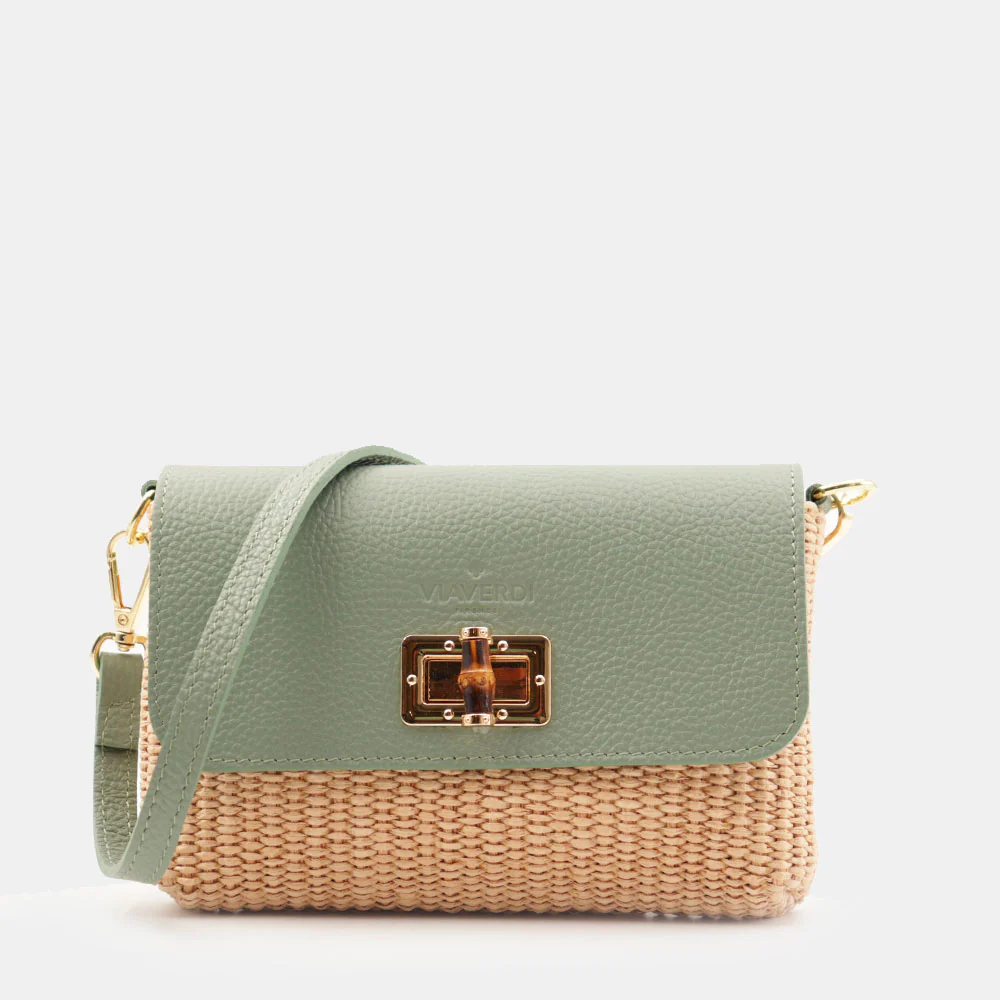 Borsa Clutch a Spalla VIAVERDI in Rafia e Pelle Verde Menta Made in Italy linea Volterra