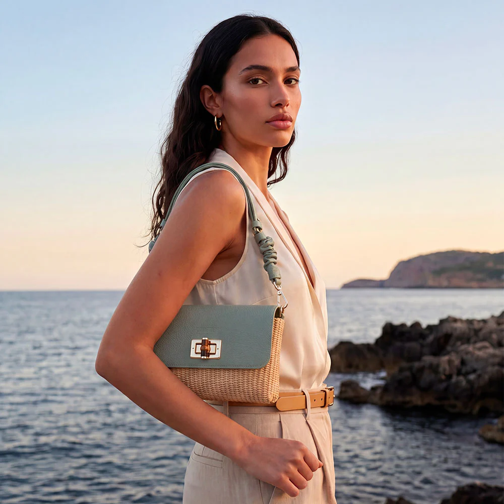 Borsa Clutch a Spalla VIAVERDI in Rafia e Pelle Verde Menta Made in Italy linea Volterra - Image 2