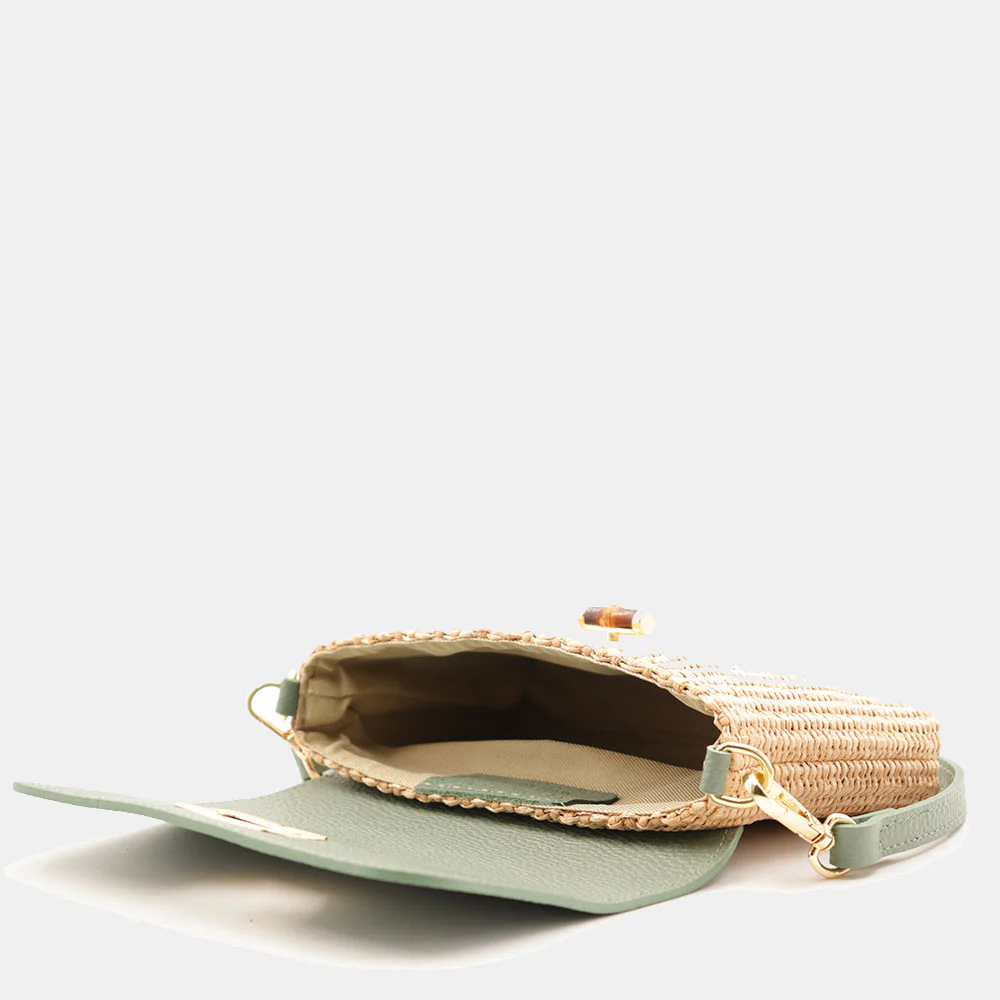 Borsa Clutch a Spalla VIAVERDI in Rafia e Pelle Verde Menta Made in Italy linea Volterra - Image 3