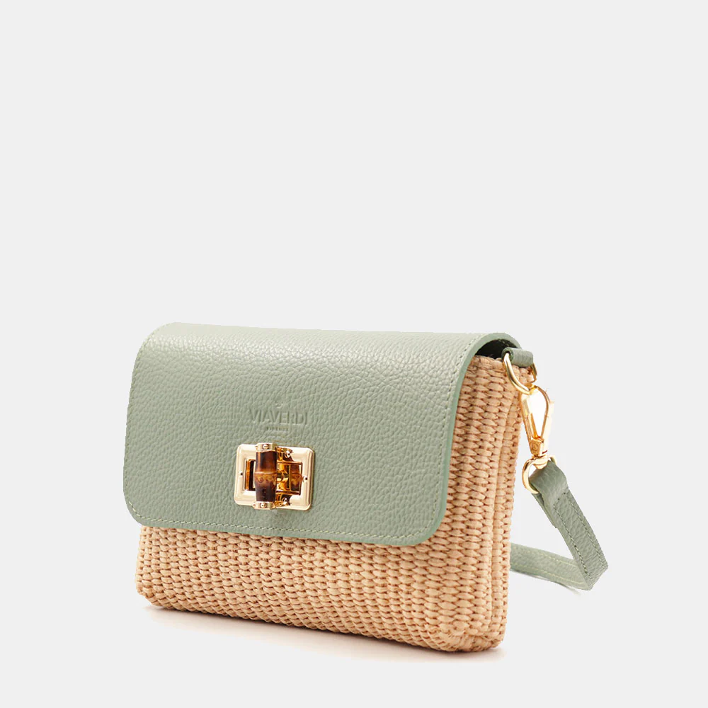 Borsa Clutch a Spalla VIAVERDI in Rafia e Pelle Verde Menta Made in Italy linea Volterra - Image 5