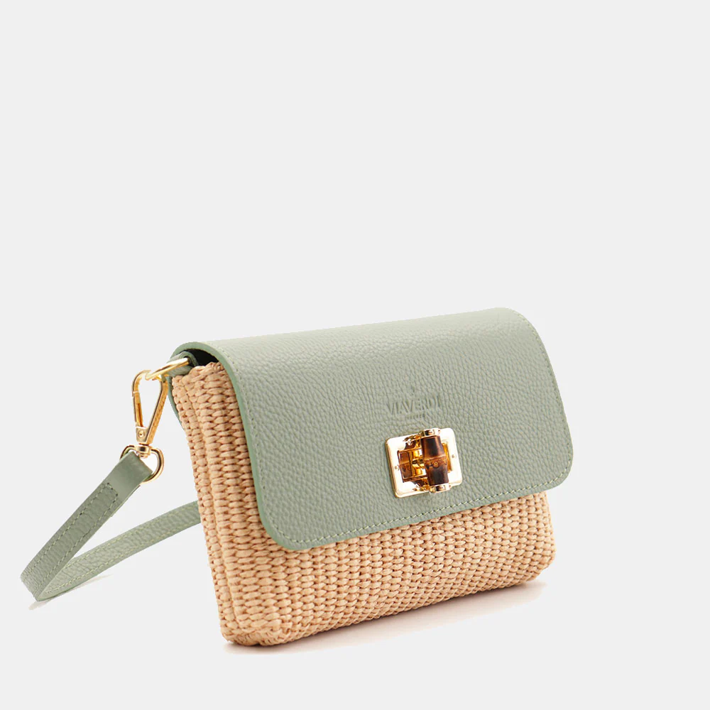 Borsa Clutch a Spalla VIAVERDI in Rafia e Pelle Verde Menta Made in Italy linea Volterra - Image 6