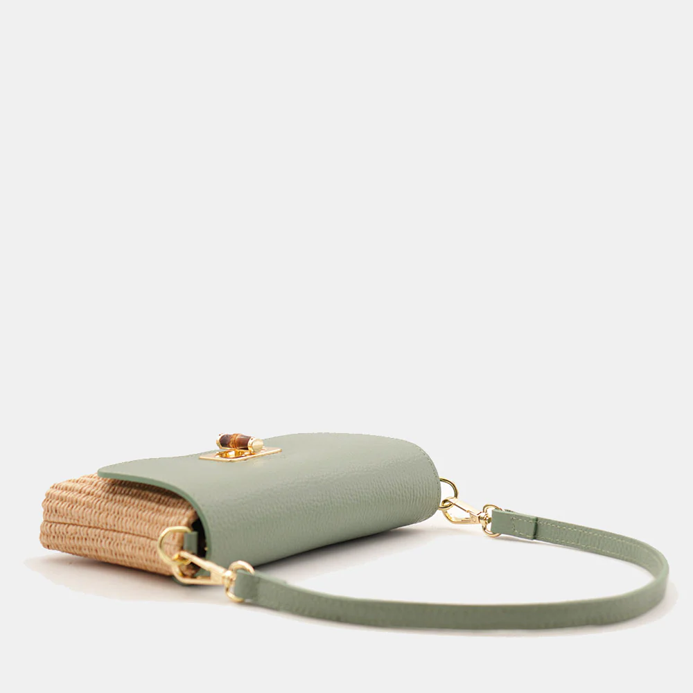 Borsa Clutch a Spalla VIAVERDI in Rafia e Pelle Verde Menta Made in Italy linea Volterra - Image 7