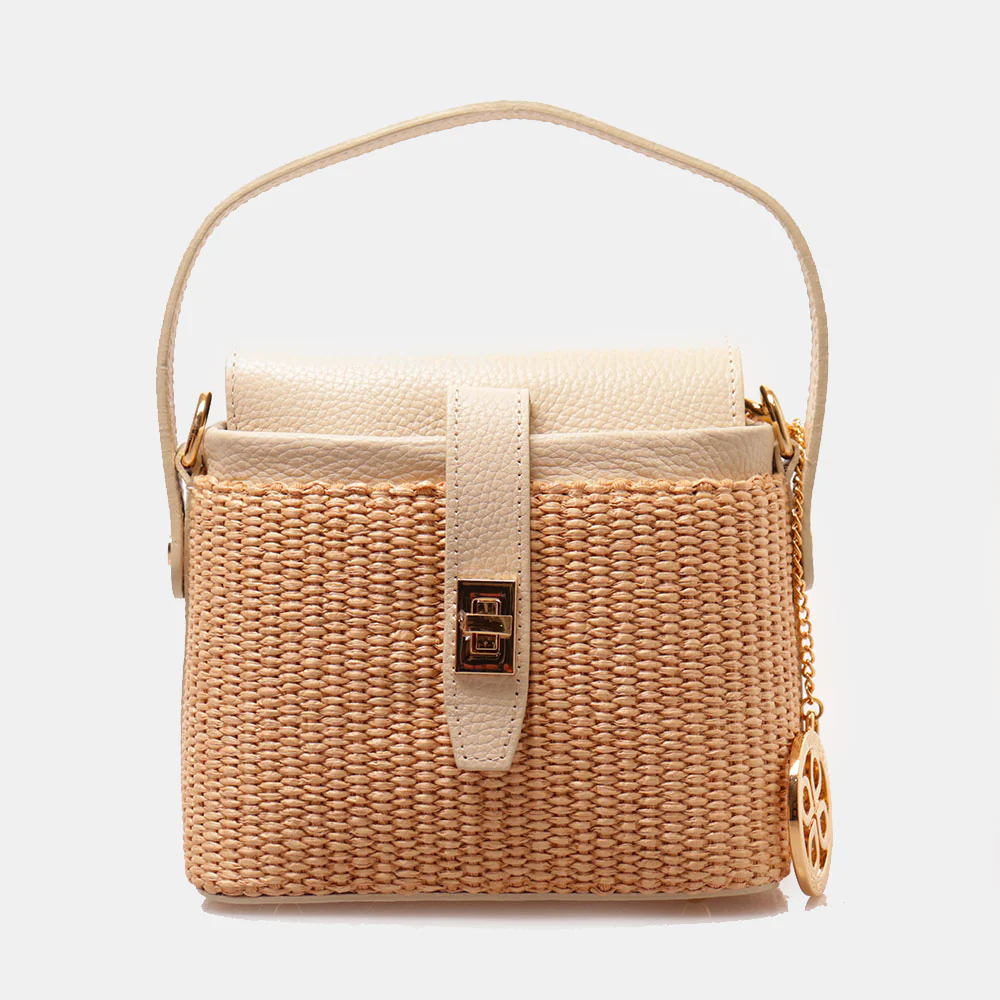 Borsa Donna a Mano VIAVERDI in Pelle Avorio e Rafia Made in Italy Linea Montalcino