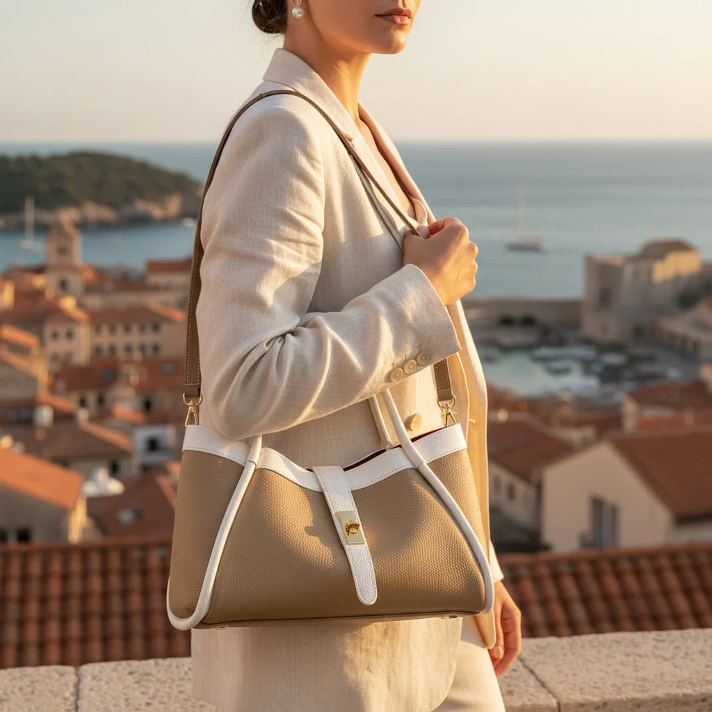 Borsa Donna a Mano VIAVERDI in Pelle Taupe e Bianca Made in Italy linea Cortona - Image 5