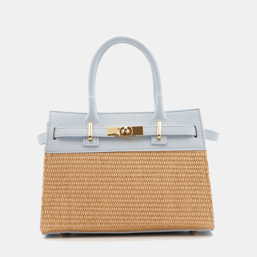 Borsa Donna a Mano VIAVERDI in Rafia e Pelle Celeste Made in Italy linea Artimino