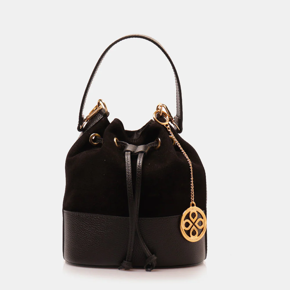 Borsa Donna a Secchiello VIAVERDI in Camoscio e Pelle Nero Made in Italy linea Pienza