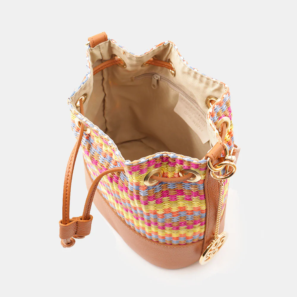 Borsa Donna a Secchiello VIAVERDI in Pelle color Cuoio e Rafia Multicolor Made in Italy Linea Pienza - Image 7