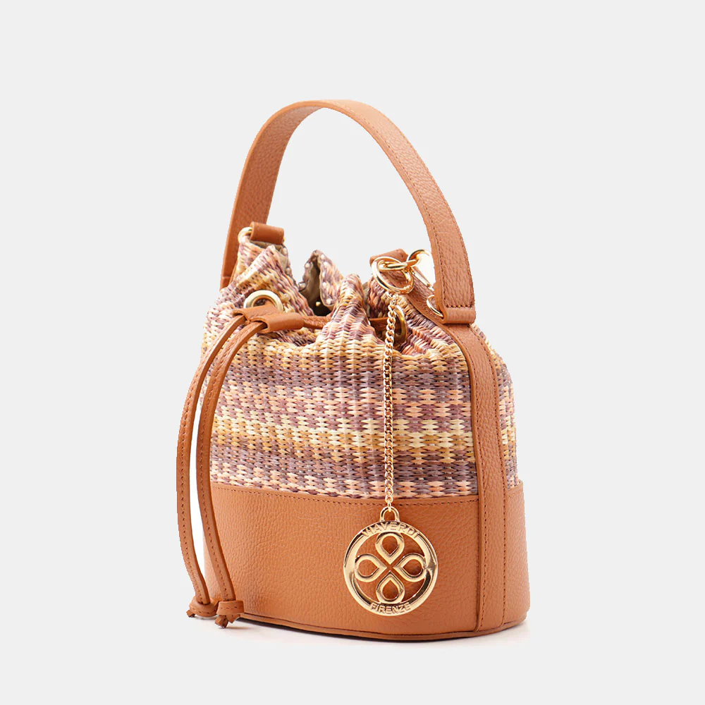 Borsa Donna a Secchiello VIAVERDI in Pelle color Cuoio e Rafia Multicolor Made in Italy Linea Pienza - Image 3