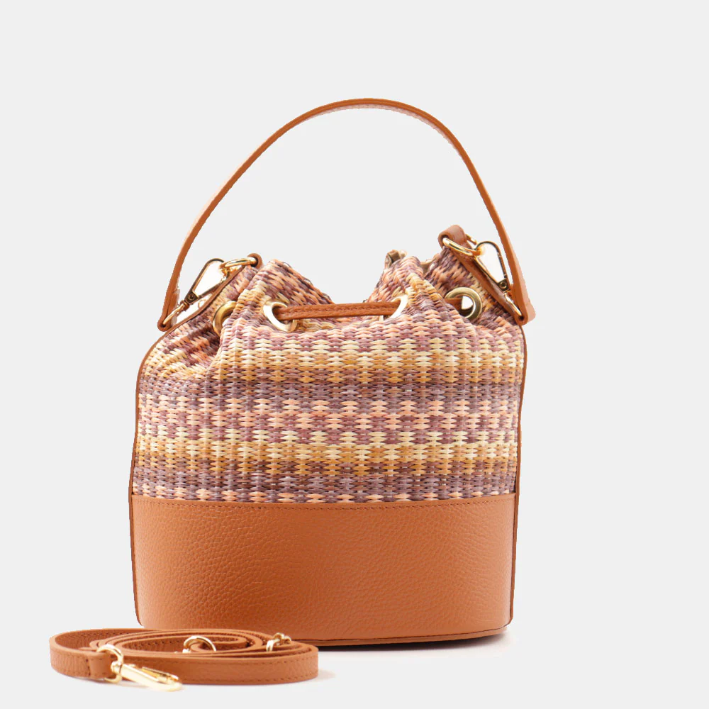Borsa Donna a Secchiello VIAVERDI in Pelle color Cuoio e Rafia Multicolor Made in Italy Linea Pienza - Image 5