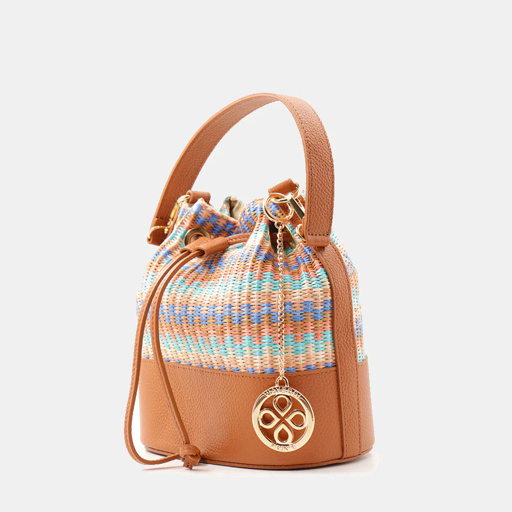 Borsa Donna a Secchiello VIAVERDI in Pelle color Cuoio e Rafia Multicolor Made in Italy Linea Pienza - Image 3