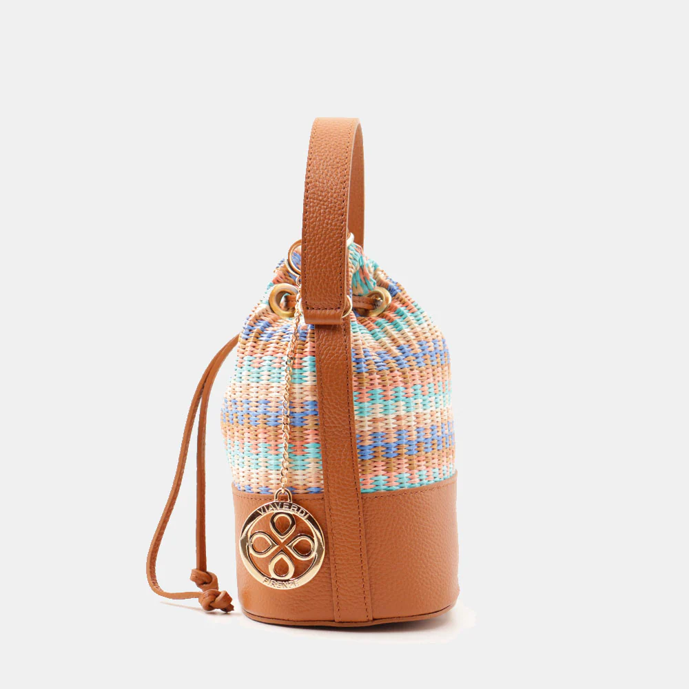Borsa Donna a Secchiello VIAVERDI in Pelle color Cuoio e Rafia Multicolor Made in Italy Linea Pienza - Image 4
