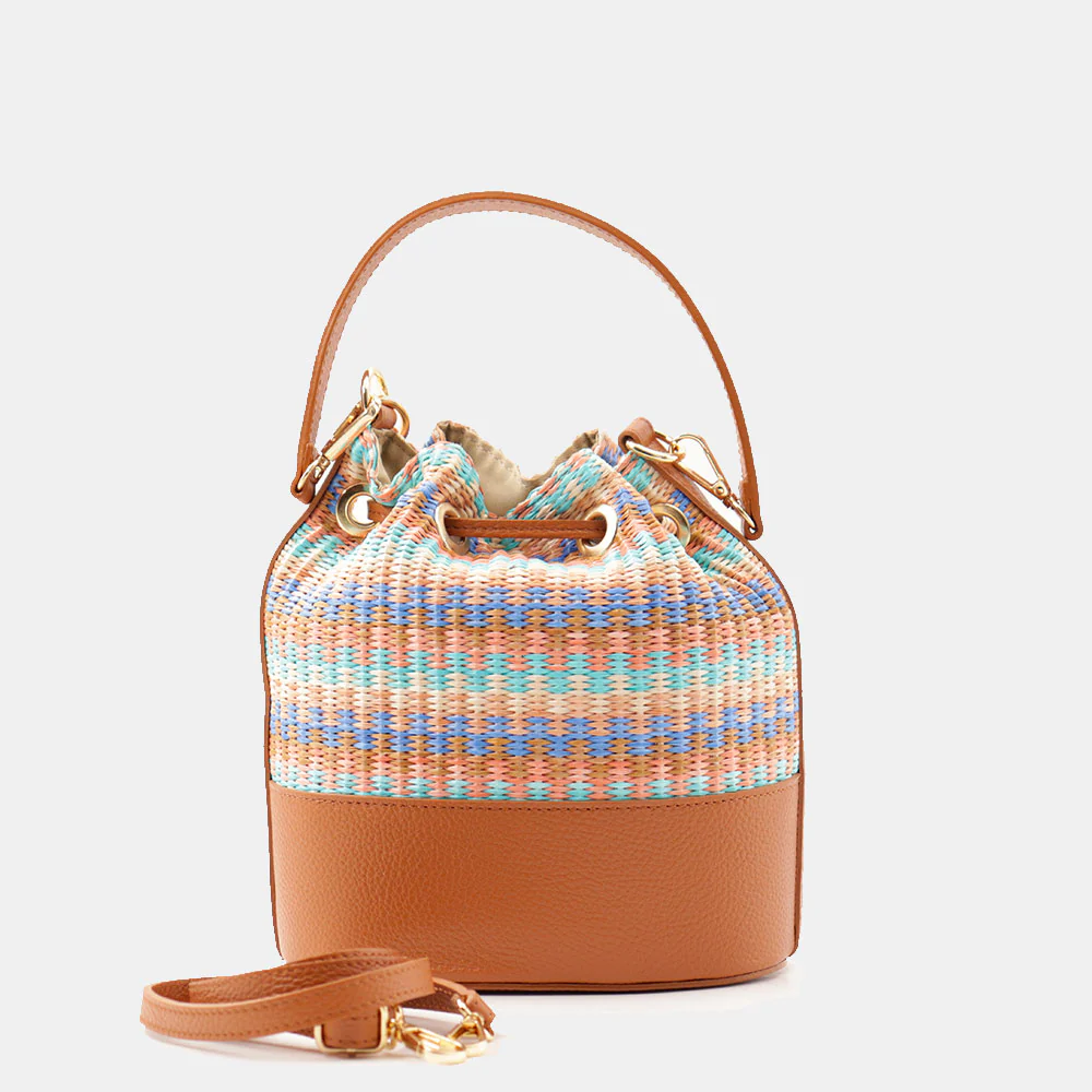 Borsa Donna a Secchiello VIAVERDI in Pelle color Cuoio e Rafia Multicolor Made in Italy Linea Pienza - Image 5