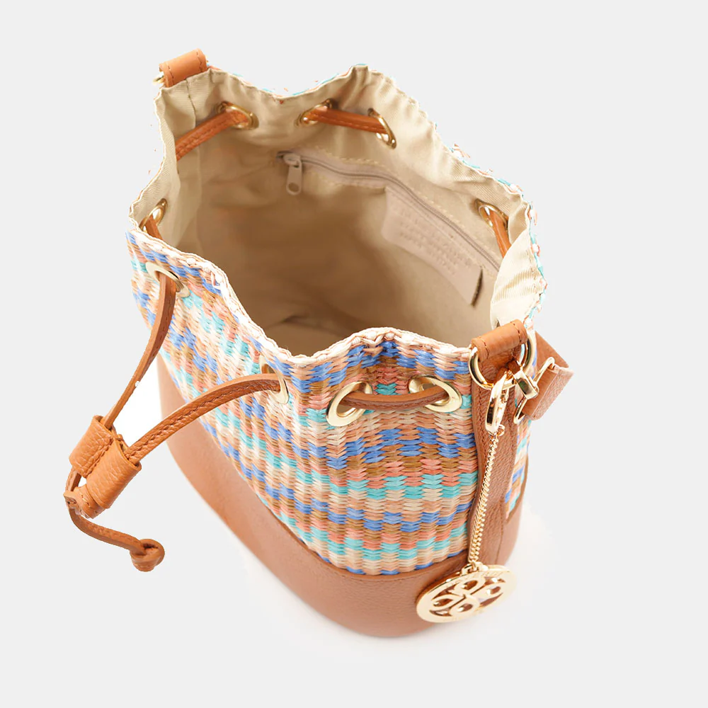 Borsa Donna a Secchiello VIAVERDI in Pelle color Cuoio e Rafia Multicolor Made in Italy Linea Pienza - Image 7