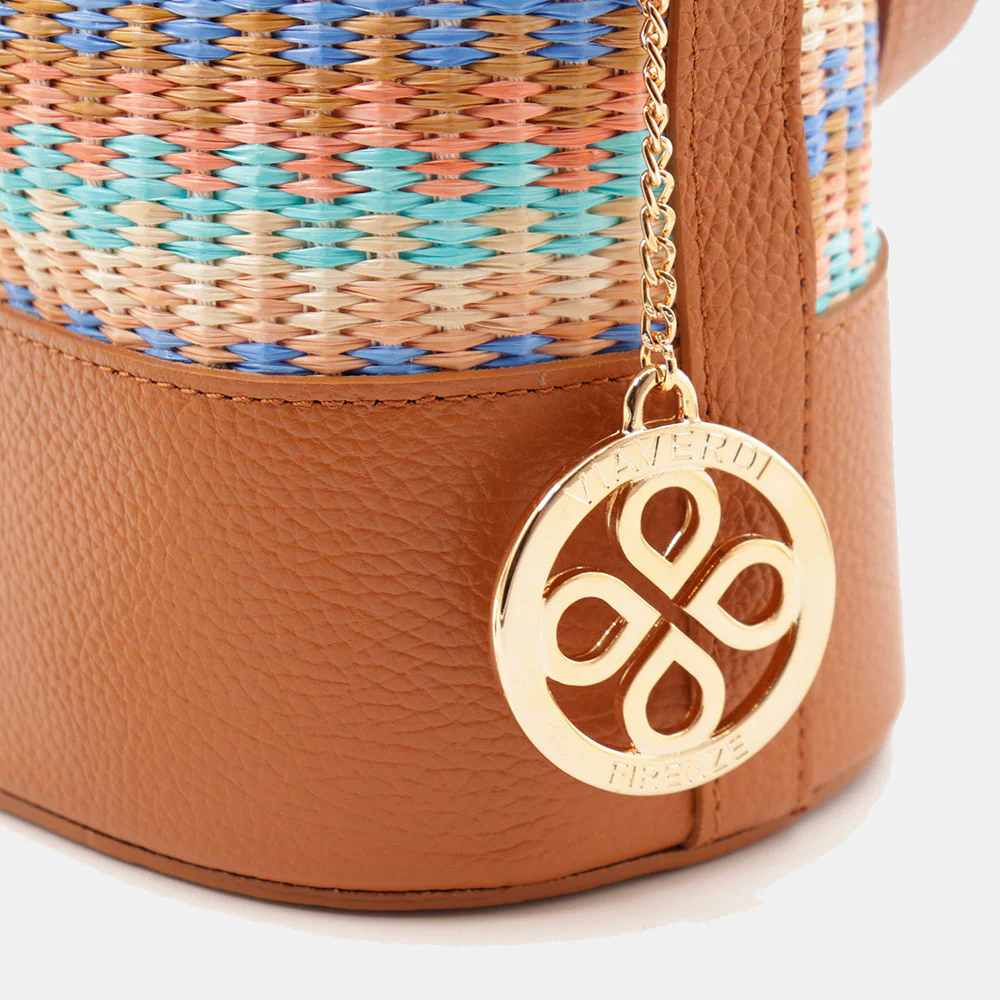 Borsa Donna a Secchiello VIAVERDI in Pelle color Cuoio e Rafia Multicolor Made in Italy Linea Pienza - Image 8