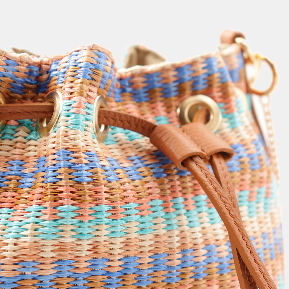 Borsa Donna a Secchiello VIAVERDI in Pelle color Cuoio e Rafia Multicolor Made in Italy Linea Pienza - Image 9