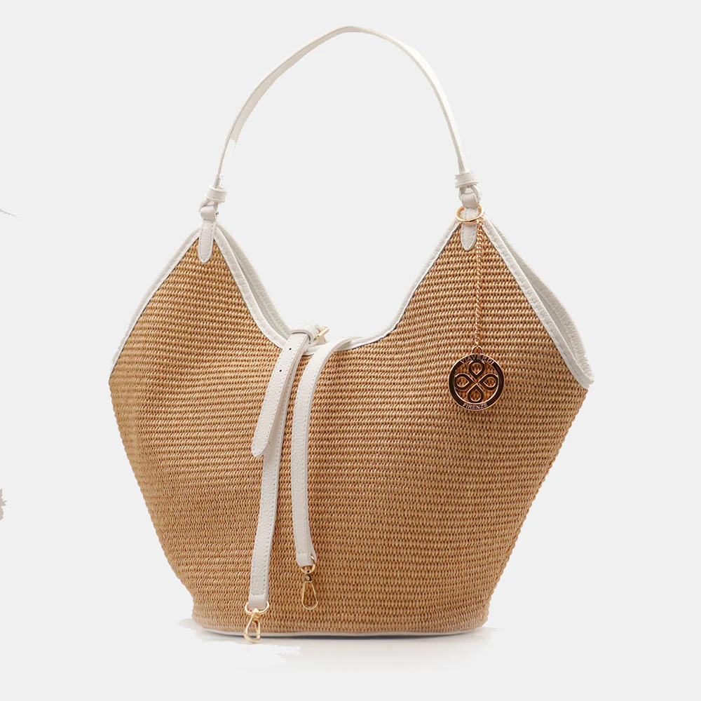 Borsa Donna a Spalla Grande VIAVERDI in Rafia e Pelle Bianca Made in Italy linea Cortona - Image 9