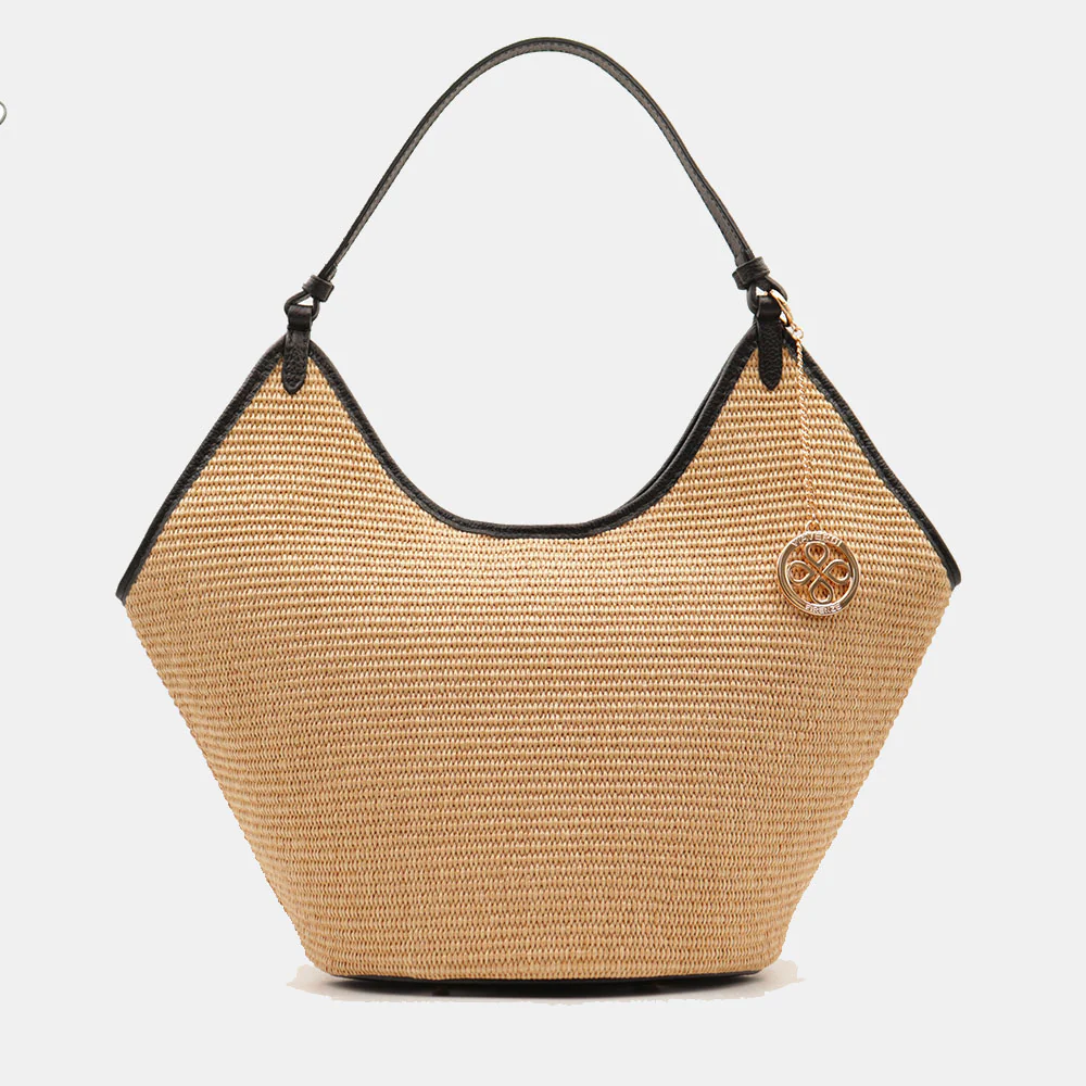Borsa Donna a Spalla Grande VIAVERDI in Rafia e Pelle Nera Made in Italy linea Cortona