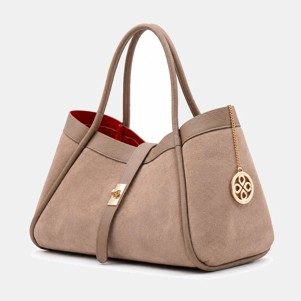 Borsa Donna a Spalla VIAVERDI in Camoscio e Pelle Taupe Made in Italy linea Cortona - Image 3
