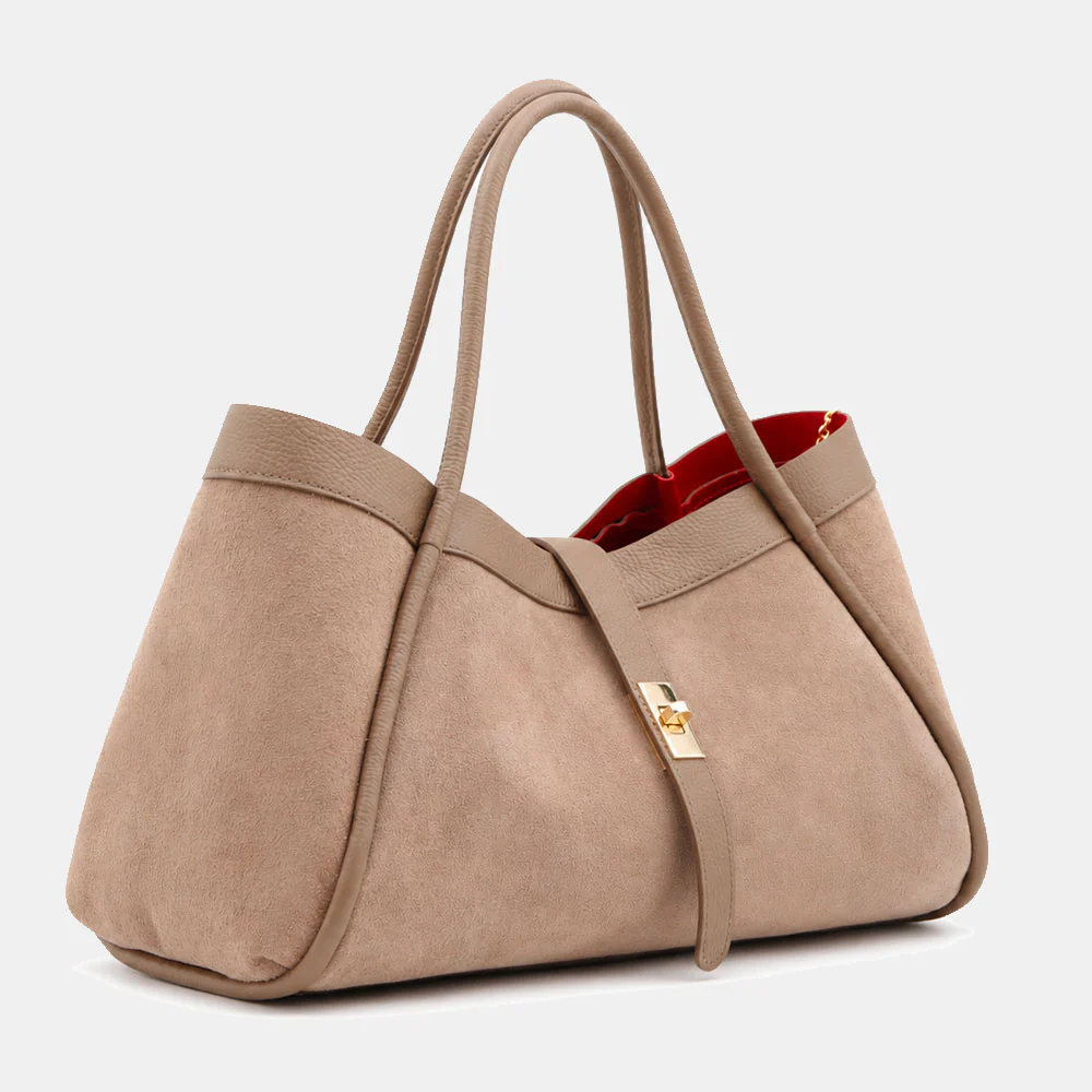 Borsa Donna a Spalla VIAVERDI in Camoscio e Pelle Taupe Made in Italy linea Cortona - Image 4
