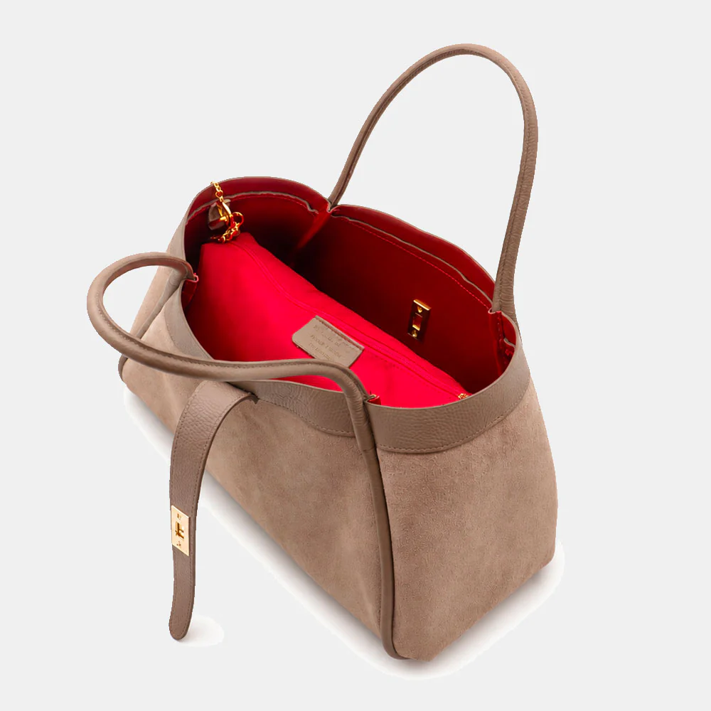 Borsa Donna a Spalla VIAVERDI in Camoscio e Pelle Taupe Made in Italy linea Cortona - Image 9