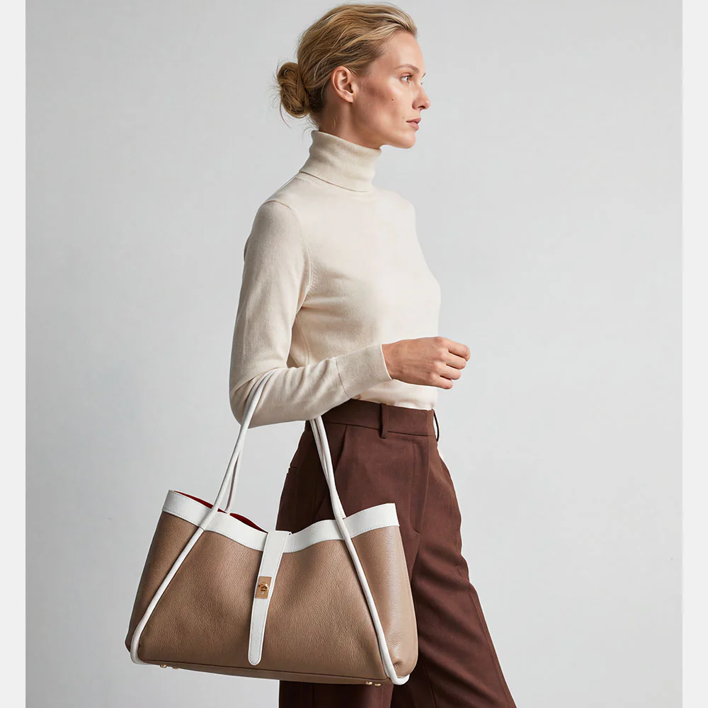 Borsa Donna a Spalla VIAVERDI in Pelle Beige e Cuoio Made in Italy linea Cortona - Image 6