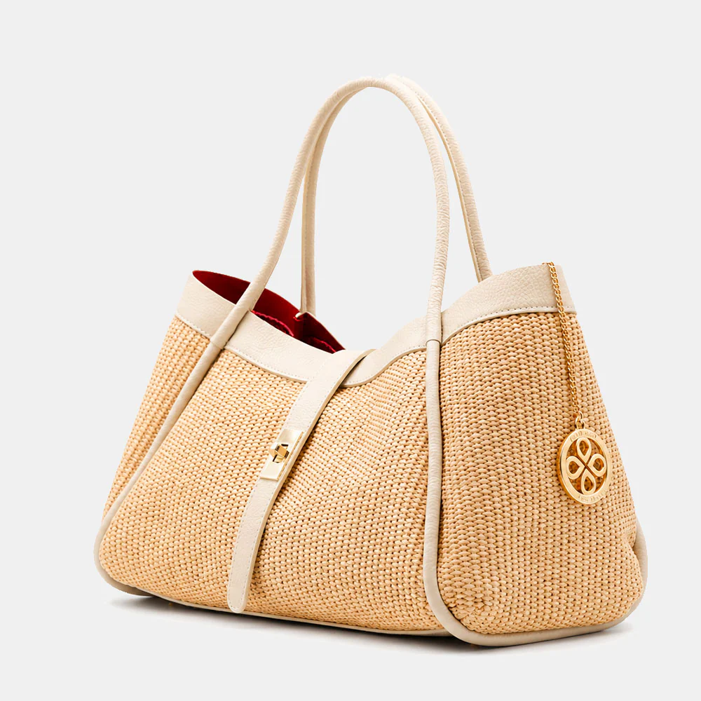 Borsa Donna a Spalla VIAVERDI in Rafia e Pelle Avorio Made in Italy linea Cortona - Image 3