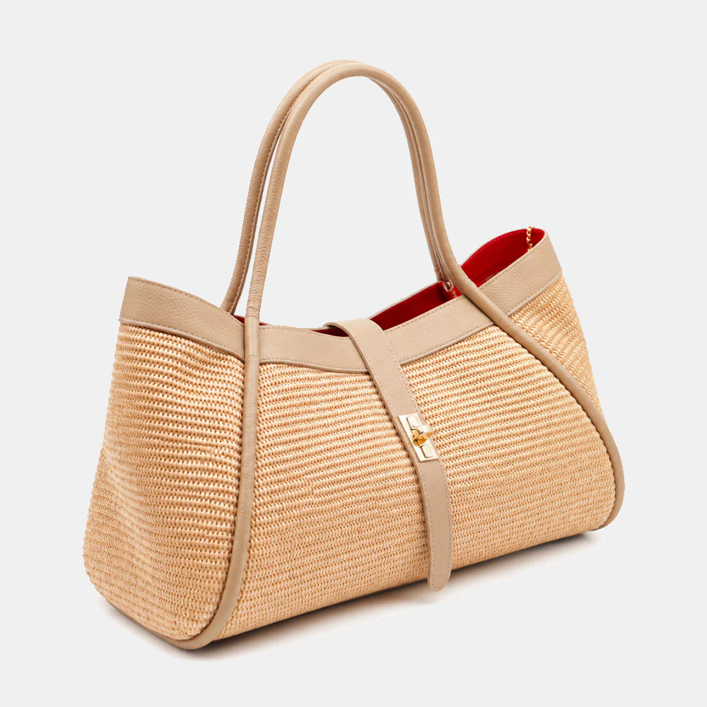 Borsa Donna a Spalla VIAVERDI in Rafia e Pelle Taupe Made in Italy linea Cortona - Image 5