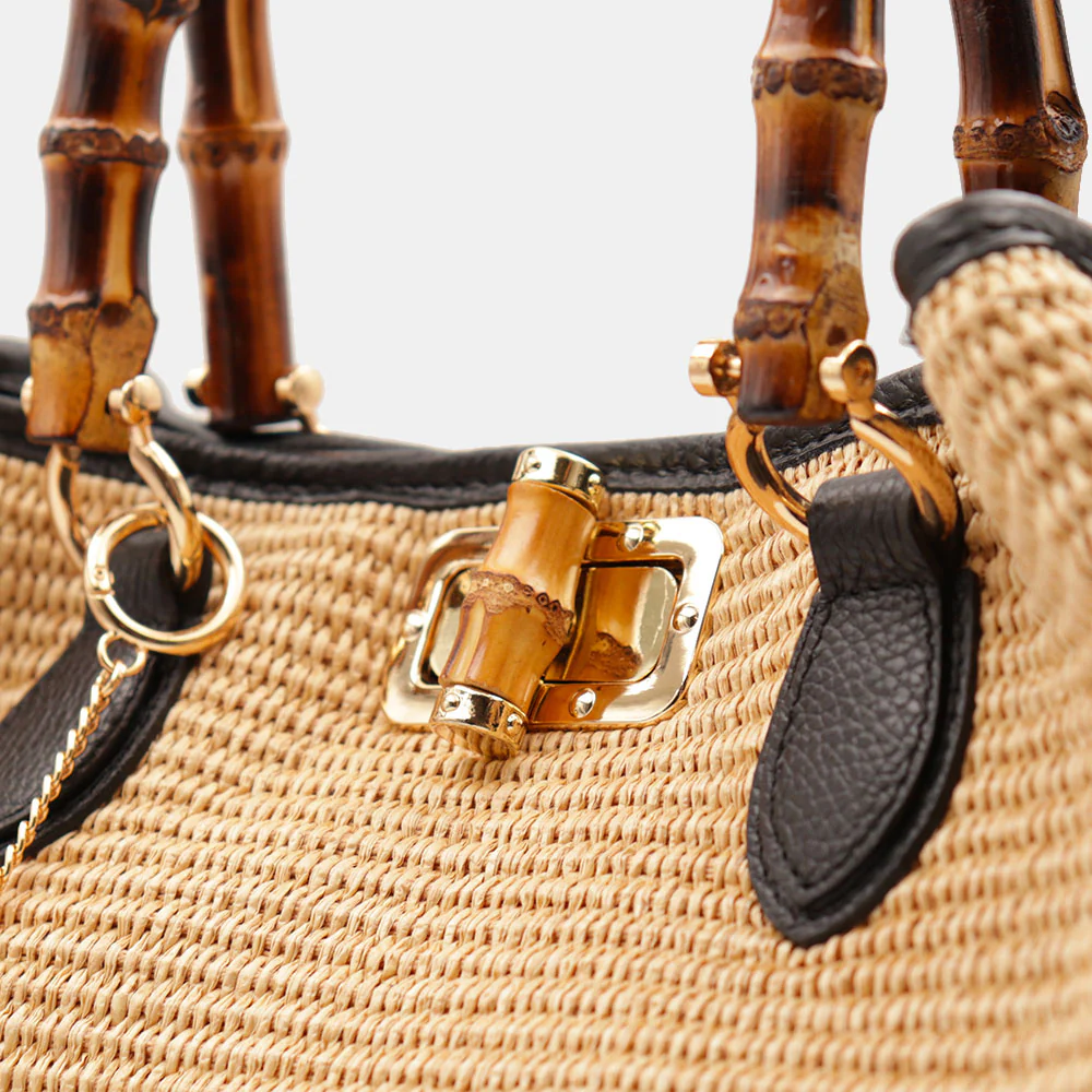 Borsa Grande a Mano VIAVERDI in Rafia e Pelle Nera Made in Italy linea Volterra - Image 9